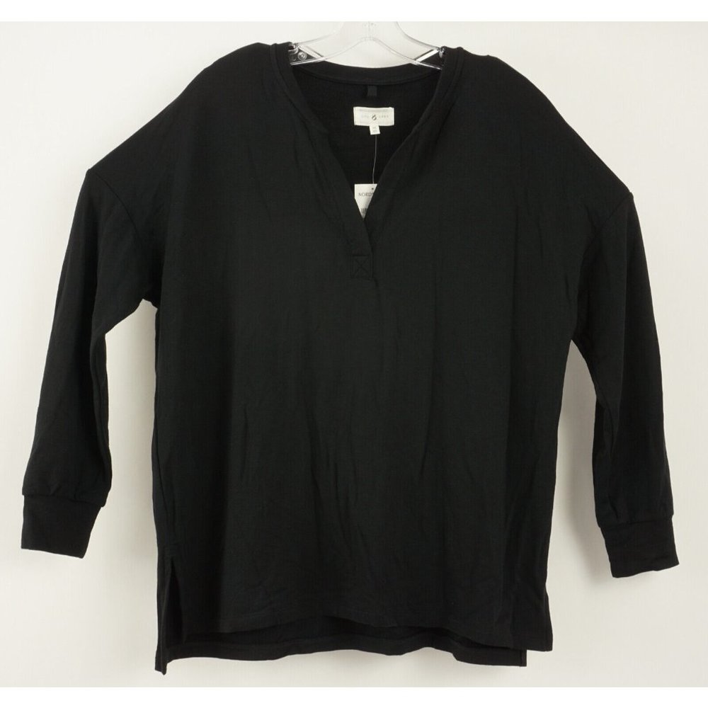 New 60$ LOU & GREY Nash Signature Soft Women's Size M Black Rayon Split Neck Top